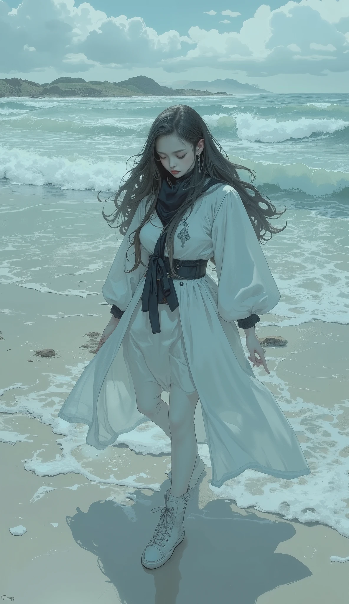 from above、Close up of a transparent female ghost standing on the beach,  digital art by Li Song, Tumbler,  digital art , 白いfogが女の子の形をしており水上を歩く, Flying Ghosts  , WHITE GHOST GIRL  , La Llorona , The appearance of a ghost, The girl's ghost , Mysterious Girl, translucent、fog、 Mysterious Figures  , she is walking on a river, Beautiful peninsula-like presence 、 partly dissolved in the atmosphere 