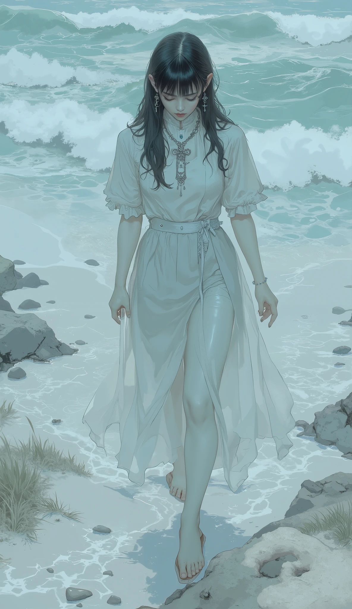 from above、Close up of a transparent female ghost standing on the beach, digital art by Li Song, Tumbler, digital art , 白いfogが女の子の形をしており水上を歩く, Flying Ghosts , WHITE GHOST GIRL , La Llorona , The appearance of a ghost, The girl's ghost , Mysterious Girl, translucent、fog、 Mysterious Figures , she is walking on a river, Beautiful peninsula-like presence 、 partly dissolved in the atmosphere
