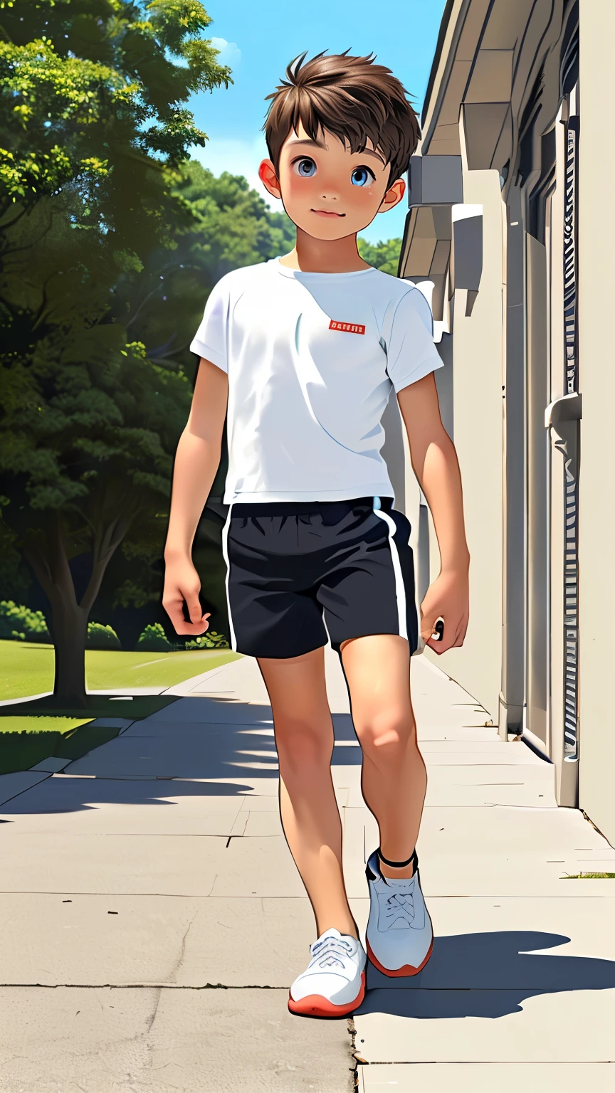 ((Full Body length image)), (((Safe for work))) (((full body shot))), Beautiful boy with freckles, correct anatomy, just wearing shirt and shorts,, looking at viewer, Tan lines, (natural dark blue Eyes color), slender underdevloped body shape, medium wavy brown hair,, cute, standing, wearing short grey shorts, .short wavy Brown Hair, High Resolution, Hair Between Eyes, Blush, Happy, Character Sheet Full-Length, (safe for work)