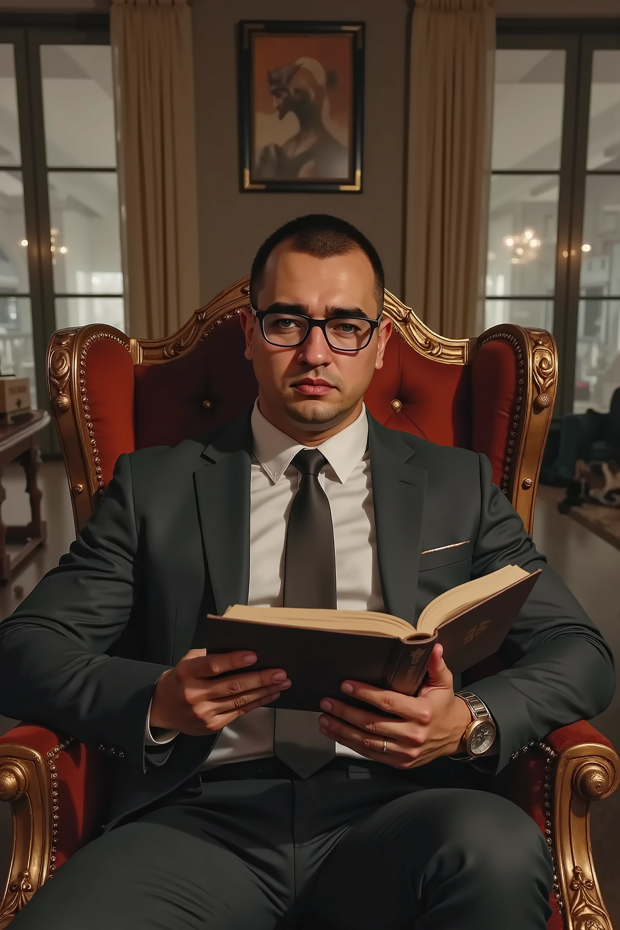 a strong man with glasses sitting in his luxurious chair reading a book in his living room