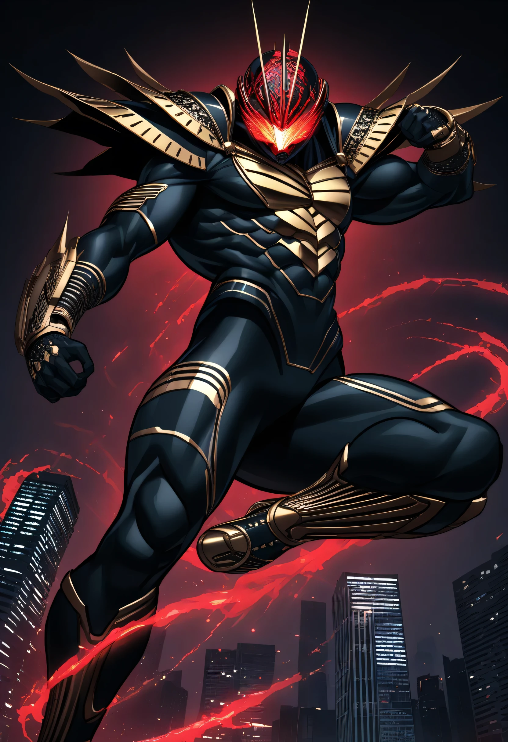high image quality 8k night city He wears a golden and blue contemporary full plate over a black bodysuit He wears a full helmet that combines designs that mimic beetles.、 red glowing goggle eye 腰には長方形に♠の印を持つ赤と金色のベルトを着用しています. Have confidence、Tight muscles with a two-way posture ,Rider Kick