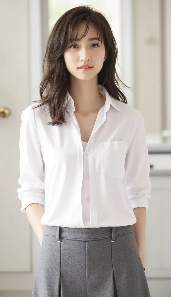 masterpiece,best quality, ((portrait:1.5)), (one milf), (Sitting with open legs, knees up:1.3), correct anatomy, makeup, skinny plain shirt, smile, expose thighs,