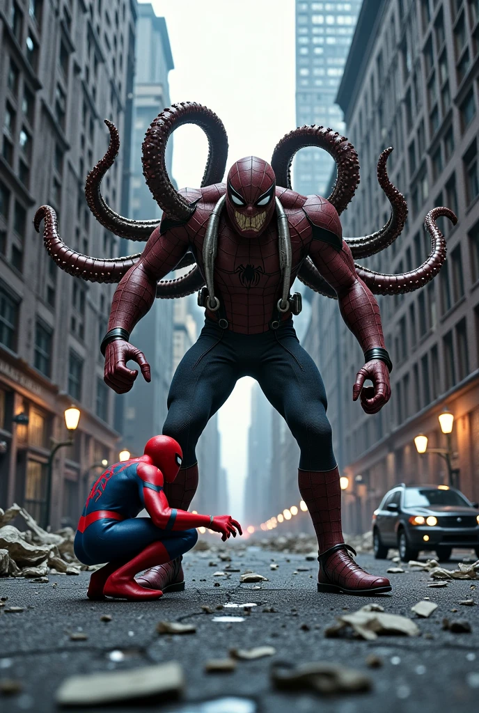 Spiderman hitting monster by punching at his face