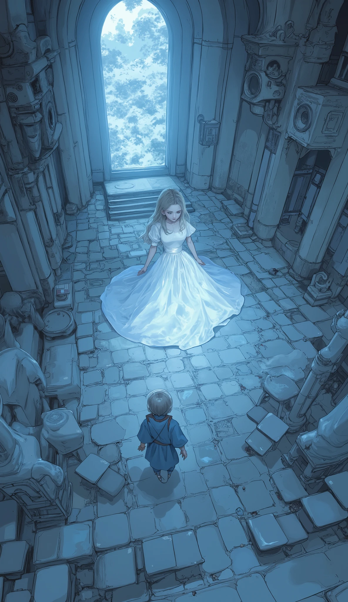 from above、The ghost of a transparent woman in a white dress is standing in the air,  white shining aura , Ethereal Anime,  Ethereal Essence , Artgerm and Atey Ghailan , A beautiful young spiritual being ,  Charlie Bowert-inspired art style, Mysterious glow, Kicking white hair  ,  Shining Aura Around Her ,  Pale Ghost Girl  ,  of a woman in a blue dress sitting on a throne ,  Spiritual Aura 、Women can see through the background、A cold breeze drifts