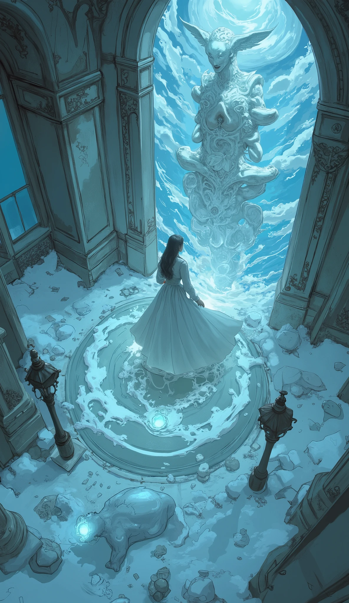 from above、The ghost of a transparent woman in a white dress is standing in the air, white shining aura , Ethereal Anime, Ethereal Essence , Artgerm and Atey Ghailan , A beautiful young spiritual being , Charlie Bowert-inspired art style, Mysterious glow, Kicking white hair , Shining Aura Around Her , Pale Ghost Girl , of a woman in a blue dress sitting on a throne , Spiritual Aura 、Women can see through the background、A cold breeze drifts