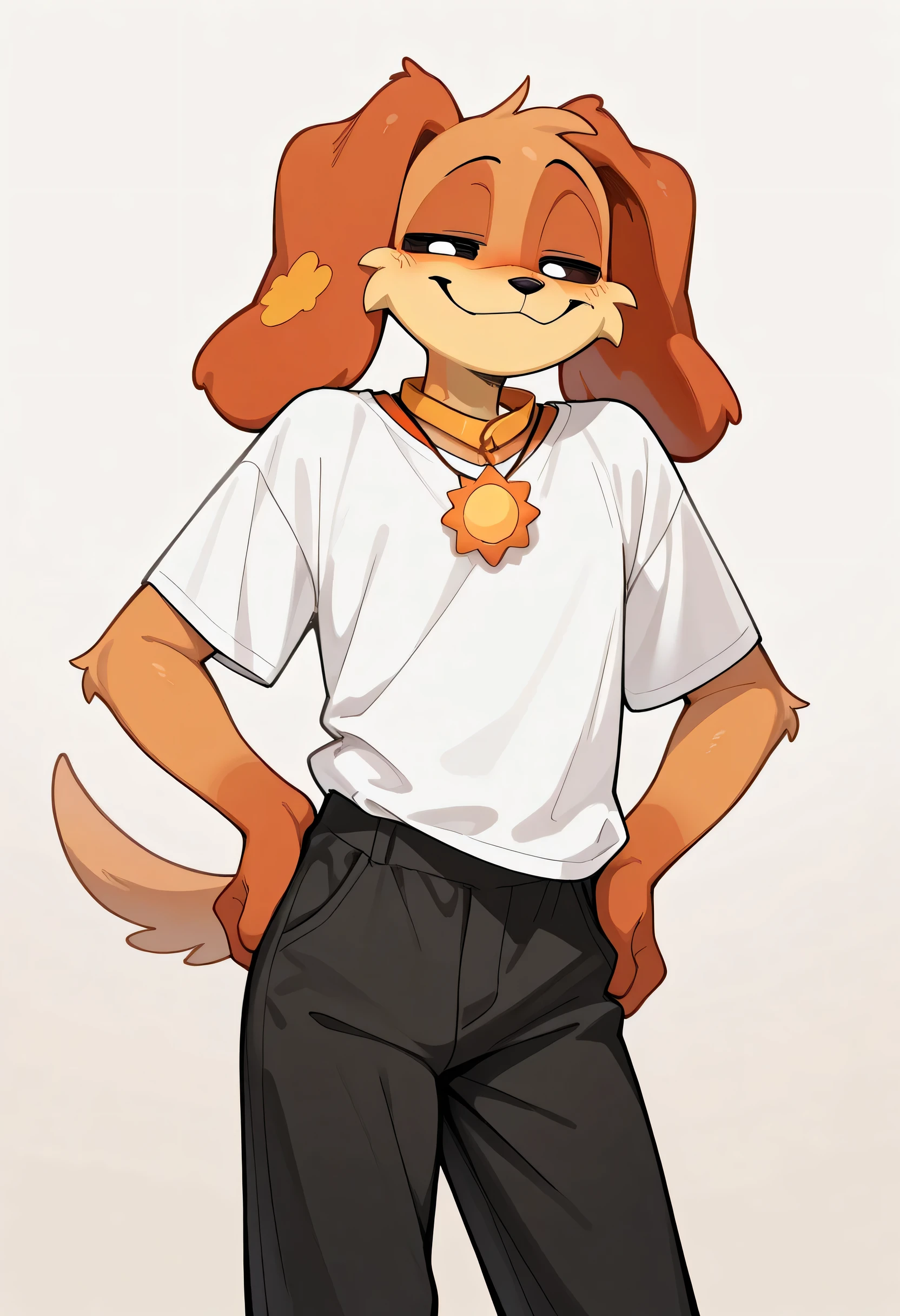 best quality, amazing quality, very aesthetic, absurdres, newest, dogday, poppy playtime, furry, sun necklace, black pants, tshirt, 1man, solo, looking at viewer, smug,
