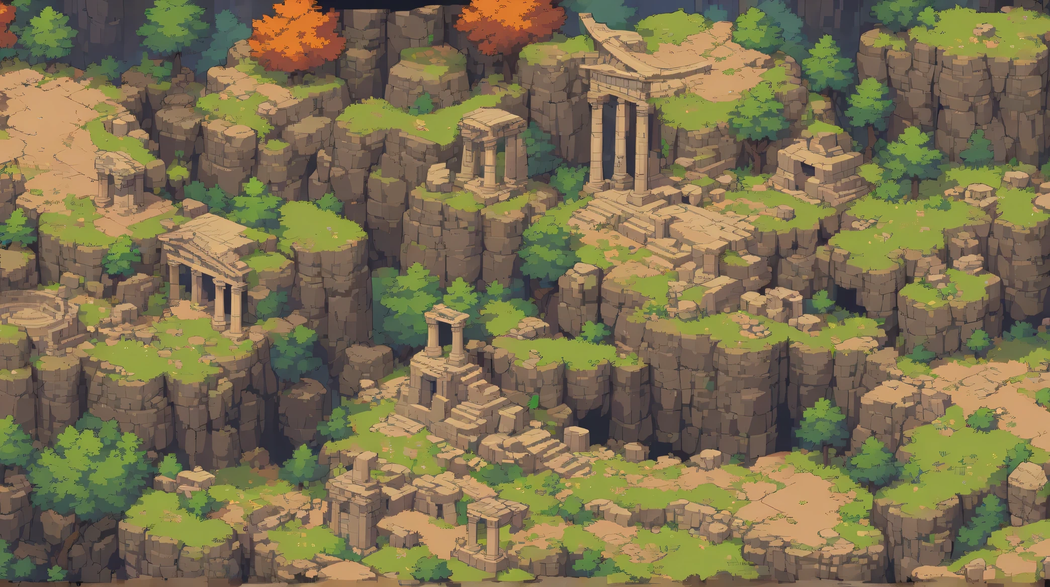 Retro video game style, pixelated, vibrant colors, 8-bit characters, blocky shapes, sharp lines, detailed shading, classic gaming vibe, nostalgic atmosphere, classic arcade games. Masterpiece:1.2, ultra-detailed, illustration style. 2D texture, stone texture, 4K seamless mud texture, video game texture, dirt texture. Game tiles, front view, tileable texture. Very detailed  texture, greek . (outdoors:1.5) (close up:1.2)  (dark fantasy)) ((angient greece))  (front view:1.4)
Texture Detail: High resolution with intricate details like rocky surfaces and moss.
(ancient greek temple:1.7) (ruins:1.4),((greek mythology:1.4)