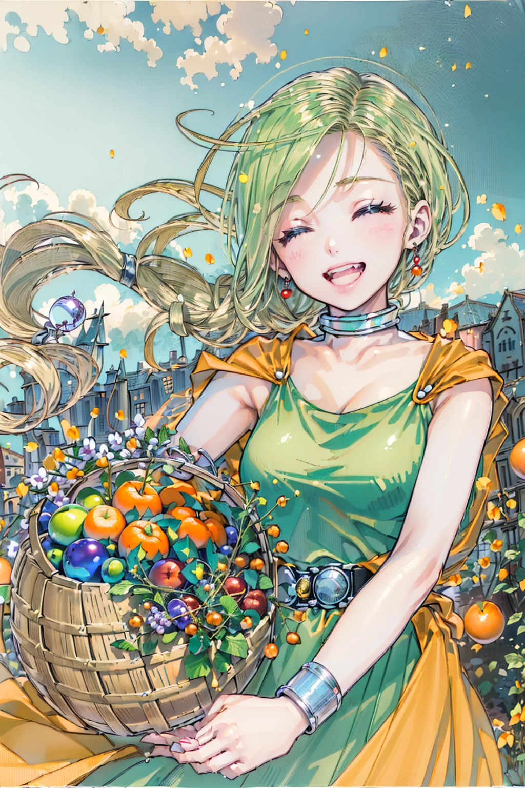  happy smile:1.3,DQ Bianca,((( small head:1.7))),((slender:1.4)),(( 1 girl:1.4)),((( green long skirt:1.6))),(((closed eyes:1.8))),(  braideds、 braided:1.3),(((I have a wooden fruit basket／grape, orange,Apple:1.5))),((こげ茶色のbelt:1.5)),(),(((blue sphere Jewel eyering:1.5))),:1.4,((:1.4)),(((wind:1.4))),Big Breasts, (  Single Blade ,  choker, Iron Bangle, Orange Cape ,   green dress, belt:1.3), ( glamorous:1.2), ( facing the front:1.5), Depth, Depth of field, ( big breast:1.5),  Masterpiece,   high quality, 最  high quality,   beautiful,   Hi-Res,   perfect lighting,   detailed face,   detailed body ,  Masterpiece, 最  high quality,   complicated details, 8k u  Hi-Res,  perfect face,   perfect eyes ,((noon:1.6)),(( Medieval village:1.7)),