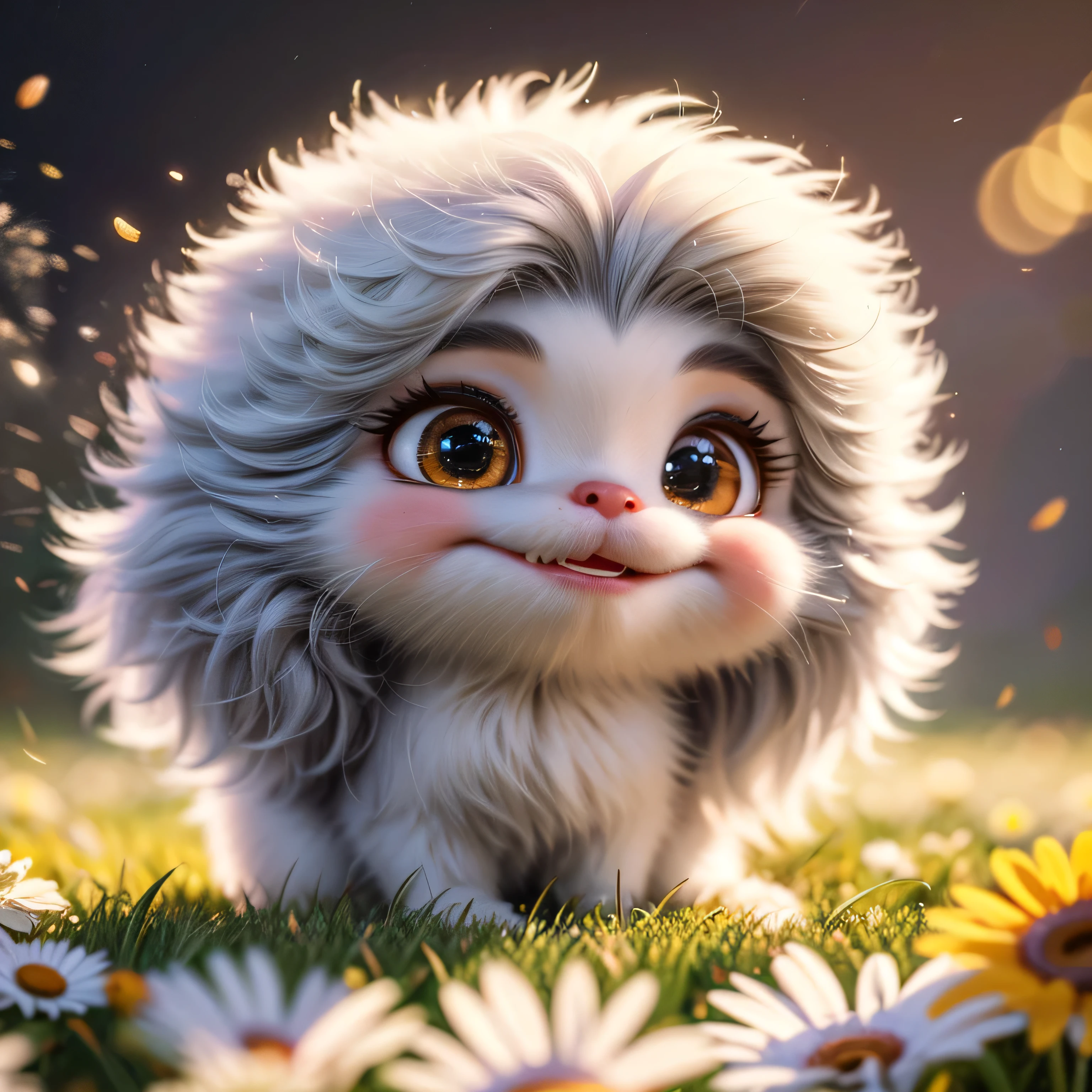 Adorable smiling fluffy alien sitting on a daisy in a professional photograph by Awwchang :: Luis Royo :: WLOP :: Artgerm Lau :: Anne Stokes :: natural deep colors