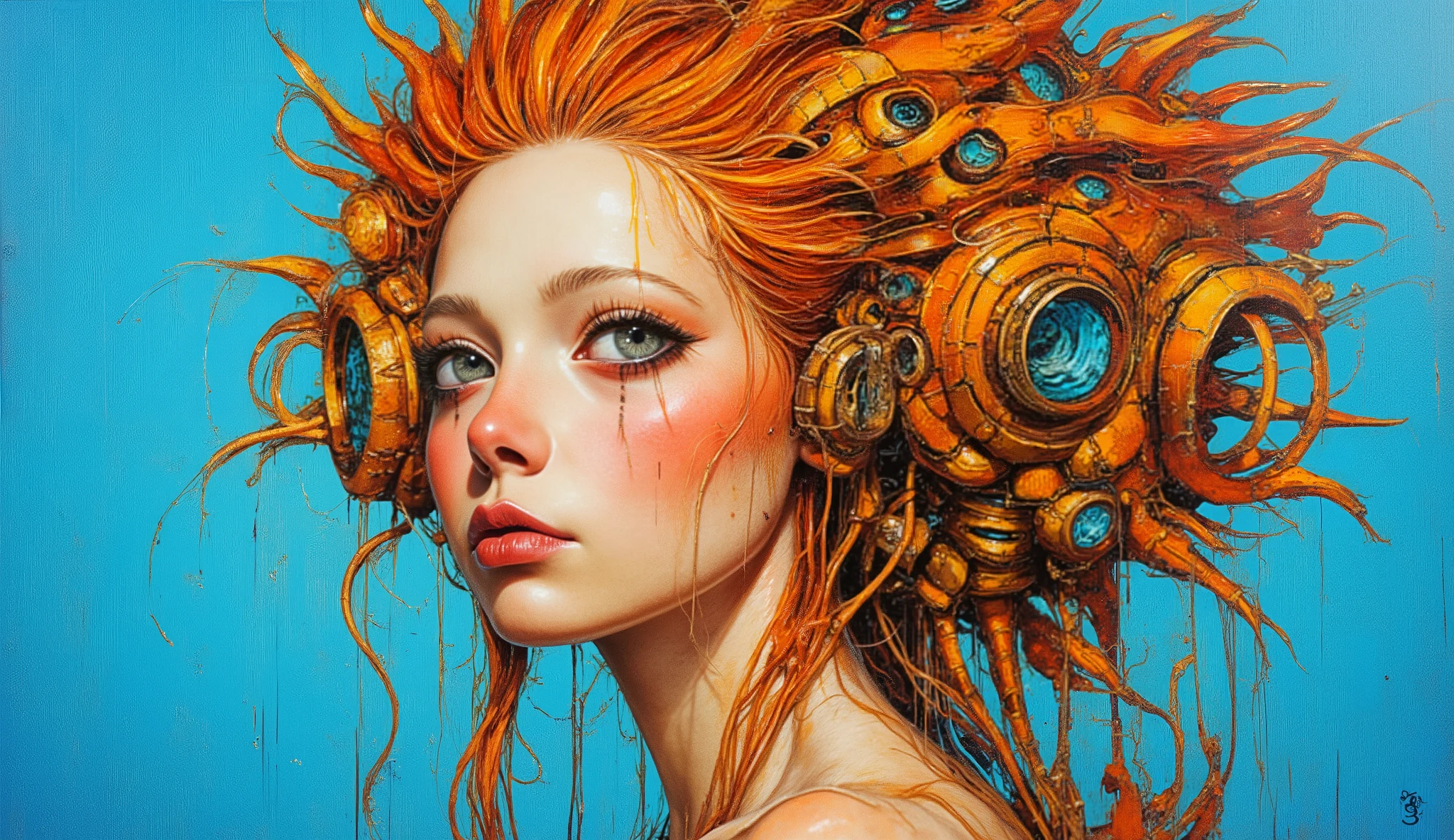  a striking portrait of a woman with a unique and imaginative design. Her hair is vibrantly orange, styled in a way that incorporates circular, mechanical elements resembling gears or technology. The background contrasts with a bright blue, enhancing the warm tones of her hair and skin. She has large, expressive eyes with well-defined makeup, giving her a futuristic and artistic appearance. The overall composition blends elements of realism and abstract art, creating an intriguing visual experience.