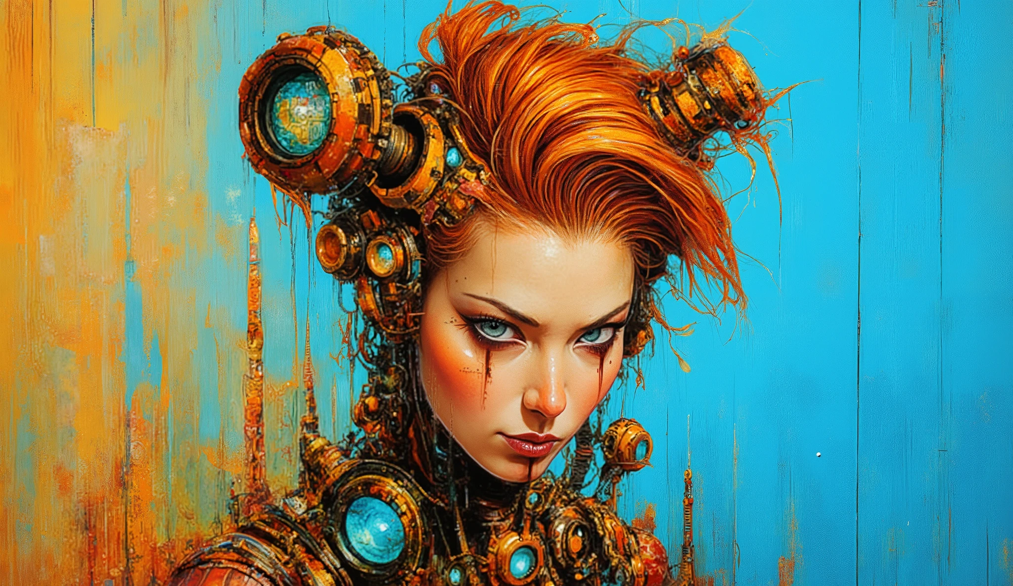 a striking portrait of a woman with a unique and imaginative design. Her hair is vibrantly orange, styled in a way that incorporates circular, mechanical elements resembling gears or technology. The background contrasts with a bright blue, enhancing the warm tones of her hair and skin. She has large, expressive eyes with well-defined makeup, giving her a futuristic and artistic appearance. The overall composition blends elements of realism and abstract art, creating an intriguing visual experience.