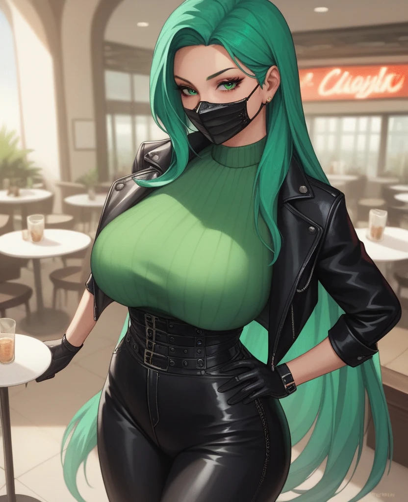 score_9, score_8_above, score_7, score_6,  source  _animated, 1mature_FE,  just 1 woman,  seductive look,  neon green hair ,  Very long hair,  green eyes, black mask, black lace green sweater ,  black leather pants ,  black leather jacket ,  black leather gloves, a cafeteria,  perfect bodies,  erotic anatomy ,  Perfect Anatomy,  perfect legs , Perfect posture,  Waist up, Ambient light.