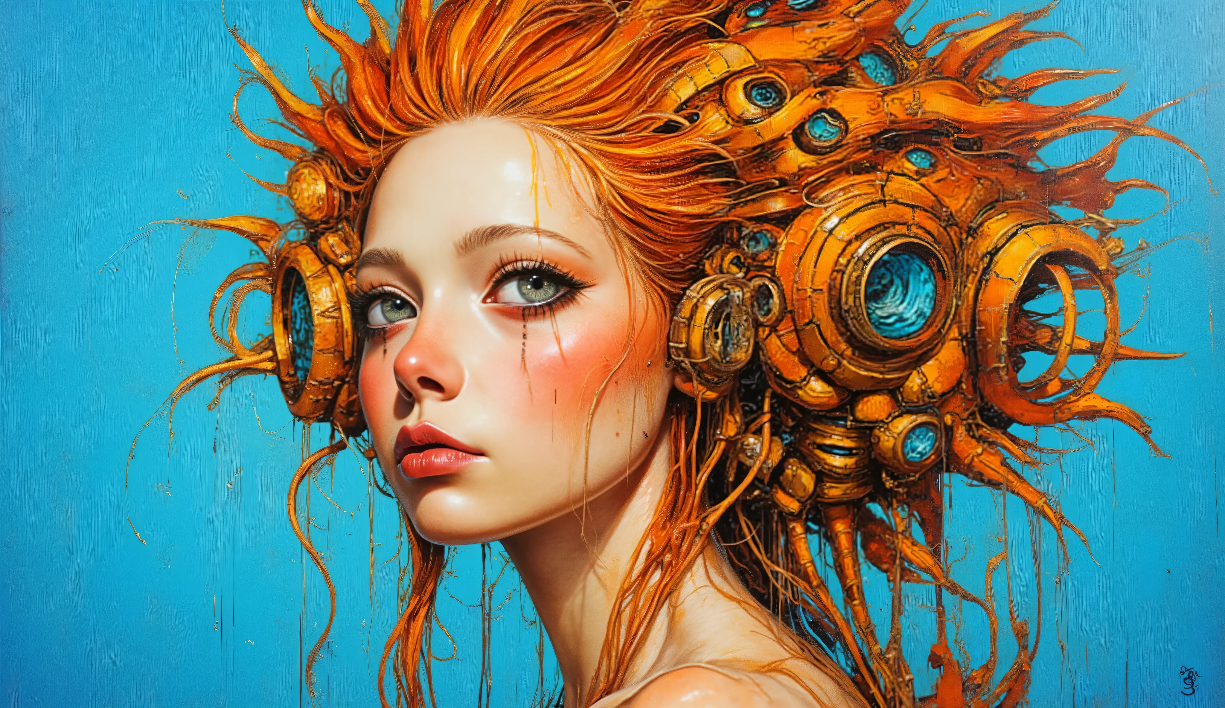  a striking portrait of a woman with a unique and imaginative design. Her hair is vibrantly orange, styled in a way that incorporates circular, mechanical elements resembling gears or technology. The background contrasts with a bright blue, enhancing the warm tones of her hair and skin. She has large, expressive eyes with well-defined makeup, giving her a futuristic and artistic appearance. The overall composition blends elements of realism and abstract art, creating an intriguing visual experience.