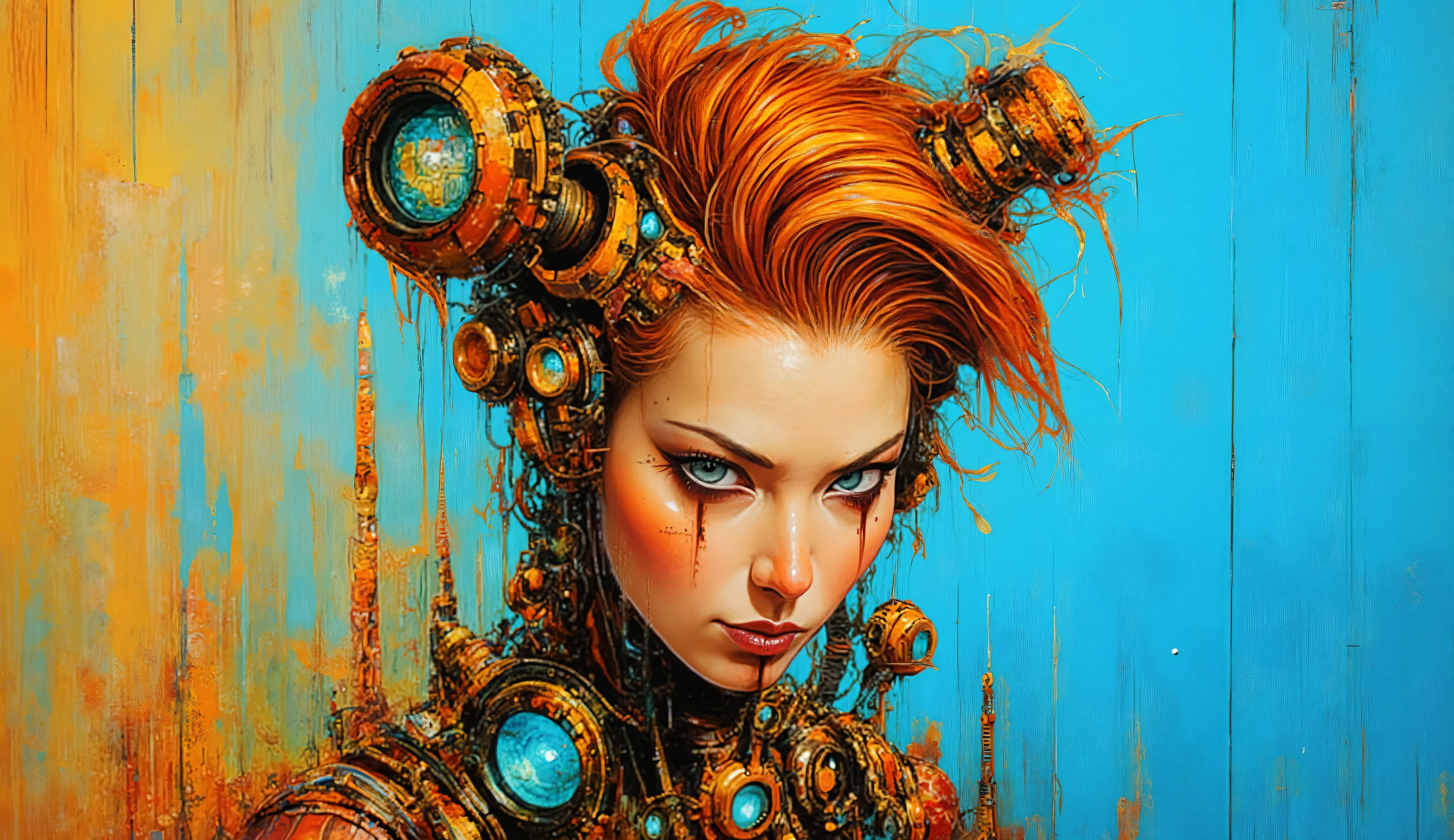  a striking portrait of a woman with a unique and imaginative design. Her hair is vibrantly orange, styled in a way that incorporates circular, mechanical elements resembling gears or technology. The background contrasts with a bright blue, enhancing the warm tones of her hair and skin. She has large, expressive eyes with well-defined makeup, giving her a futuristic and artistic appearance. The overall composition blends elements of realism and abstract art, creating an intriguing visual experience.