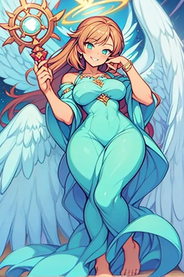 cartoon image of a woman dressed in a blue dress and angel wings, full body with costume, full body character, full body single character, single character full body, character is standing, style of magical girl, anime character, angel style character, female anime character, dnd character, pretty female cleric, full length character, anime style character, anime full body illustration ,there is a cartoon picture of a woman with a very large angel wings, glowing angelic being, glowing holy aura, inspired by Luma Rouge, the non-binary deity of spring, ethereal rainbow nimbus, the butterfly goddess of fire, inspired by Marie Angel, glowing aura around her, astral fairy, as the goddess of the sun, “uwu the prismatic person, big breast, happy, beautiful eyes,, happy