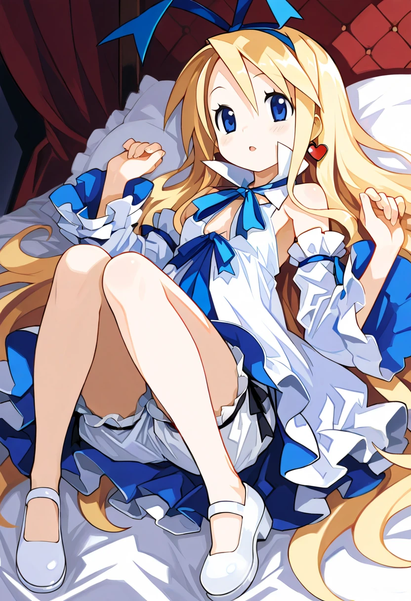 Ultra Detailed, Masterpiece , top quality, 8k, very aesthetic, realistic detailed CG , sharp concentration , ultra high definition), ,ultra high definition,Beautiful Eye Details , Textured Skin, Beautiful skin,Beautiful Hair with Attention to Details,Score_9, Score_8_up, Score_7_up, Score_6_up, Score_5_up, Score_4_up, Source_real,Quality_masterpiece, hyper detail, best quality,, beautiful detailed, beautiful hair,{ANIME COLORING}, disflonne, blonde hair,small , blue eyes,  shoulders, base flonne outfit, blue neck ribbon, blue hair bow, , detached sleeves, white footwear, white bloomers, yellow earrings,heaven,