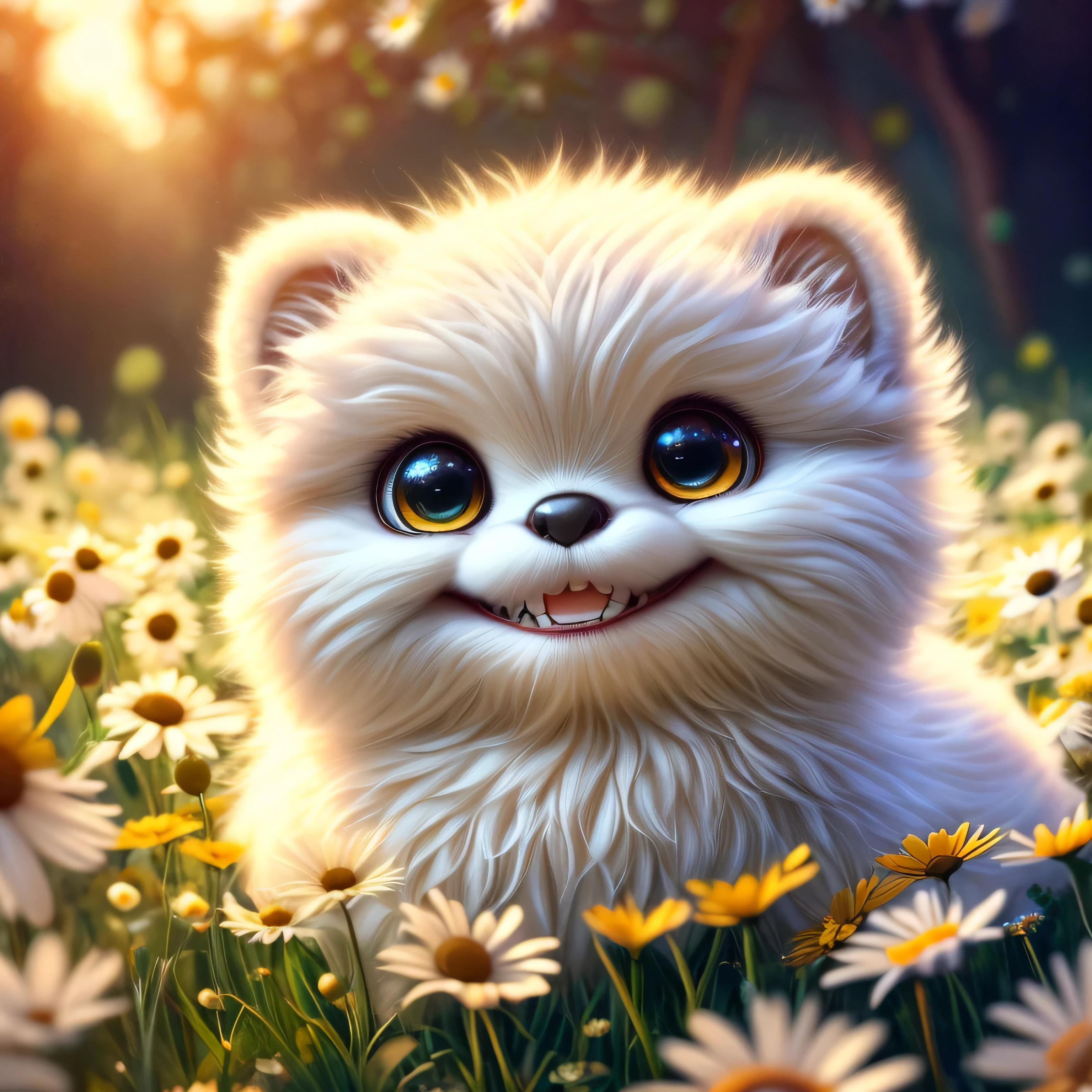 Adorable smiling fluffy alien sitting on a daisy in a professional photograph by Awwchang :: Luis Royo :: WLOP :: Artgerm Lau :: Anne Stokes :: natural deep colors