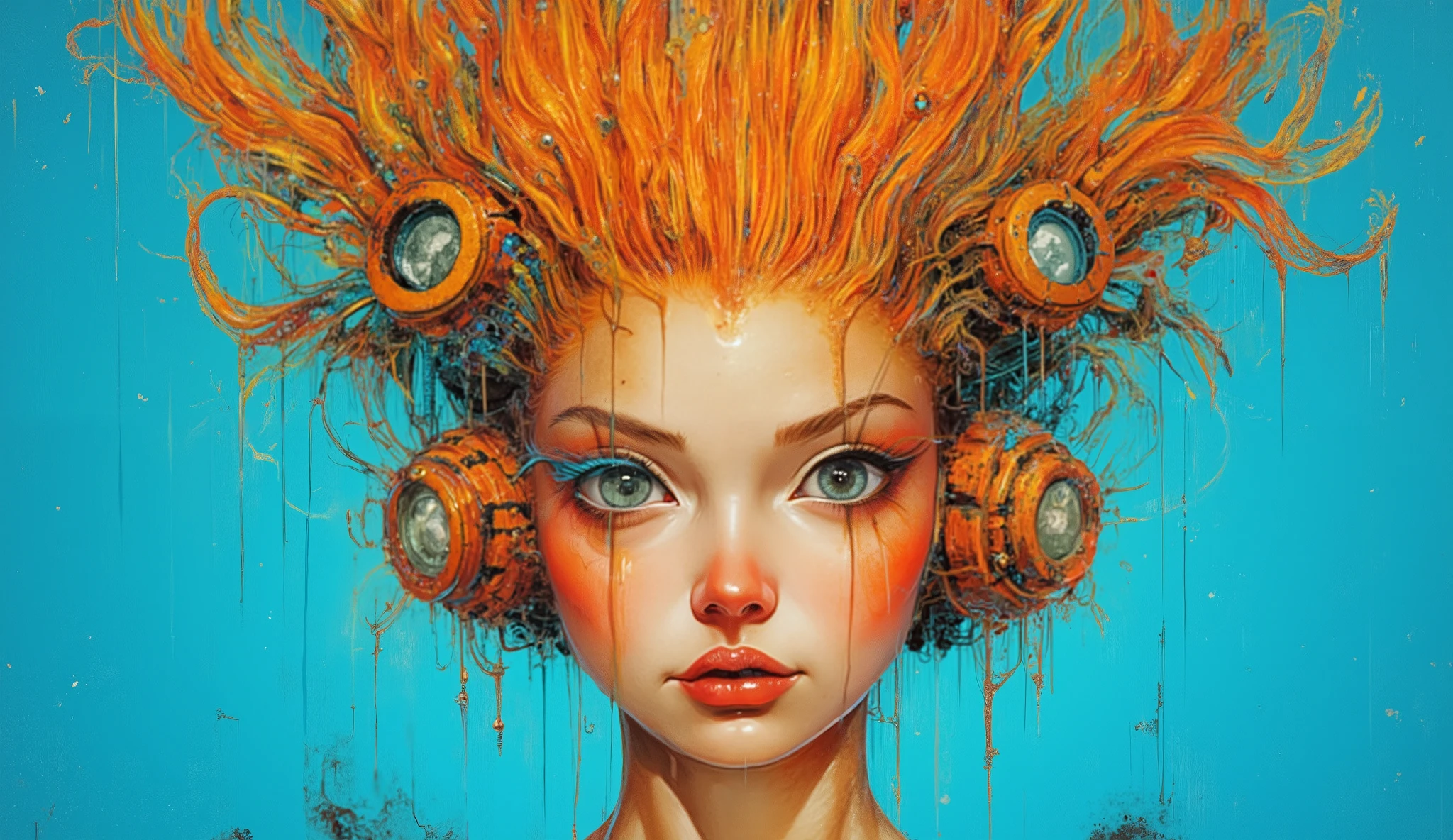 a striking portrait of a woman with a unique and imaginative design. Her hair is vibrantly orange, styled in a way that incorporates circular, mechanical elements resembling gears or technology. The background contrasts with a bright blue, enhancing the warm tones of her hair and skin. She has large, expressive eyes with well-defined makeup, giving her a futuristic and artistic appearance. The overall composition blends elements of realism and abstract art, creating an intriguing visual experience.