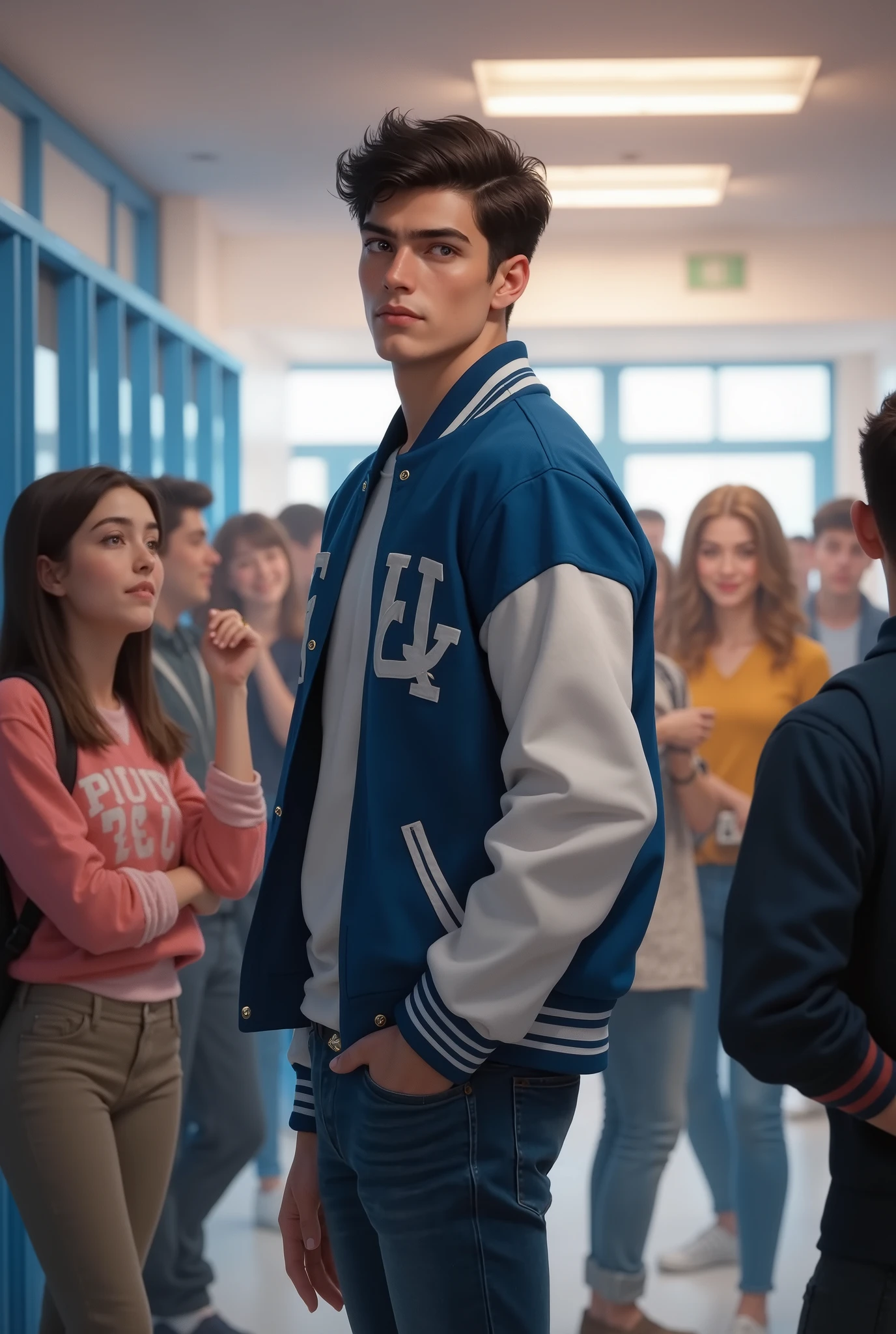 20 year old man, tall and strong, dark hair and amber eyes, defined jaw, he wears a blue and white school jacket and jeans, his back is leaning against some blue school lockers and shows him from the knee to the head, looking forward, but with the body to the side, the background is the well lit hallway of a high school with blue lockers and some students laughing around.