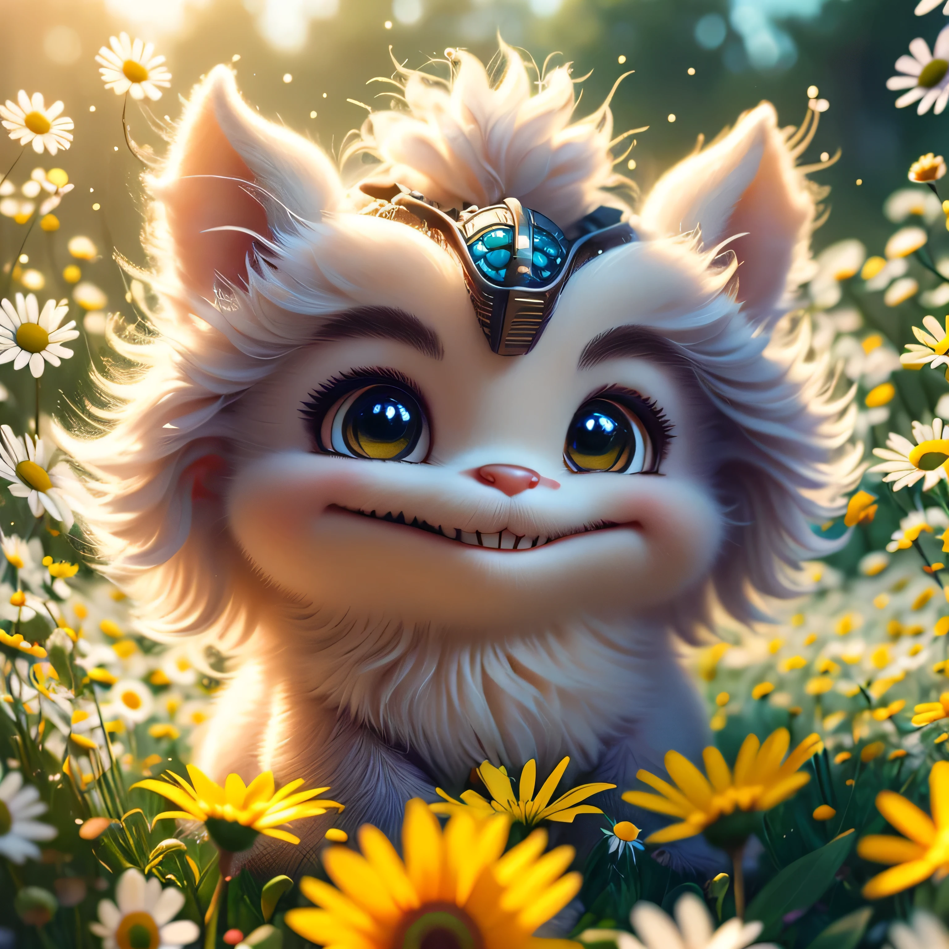 Adorable smiling fluffy alien sitting on a daisy in a professional photograph by Awwchang :: Luis Royo :: WLOP :: Artgerm Lau :: Anne Stokes :: natural deep colors
