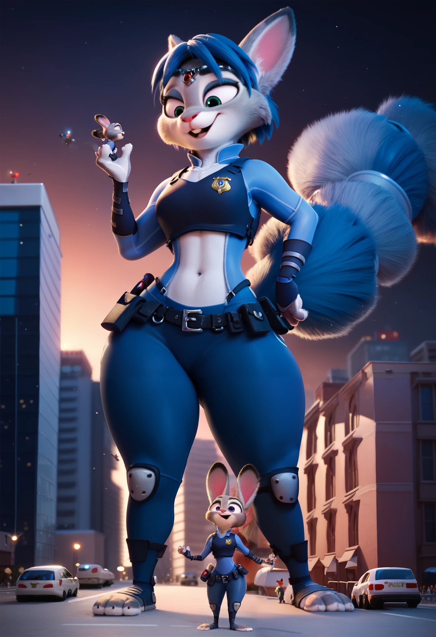 masterpiece, judy hopps, blue fur, Wide hips, on a city, MACRO, police uniform, long and fluffy krystal the fox tail, full body, thighs, from bellow