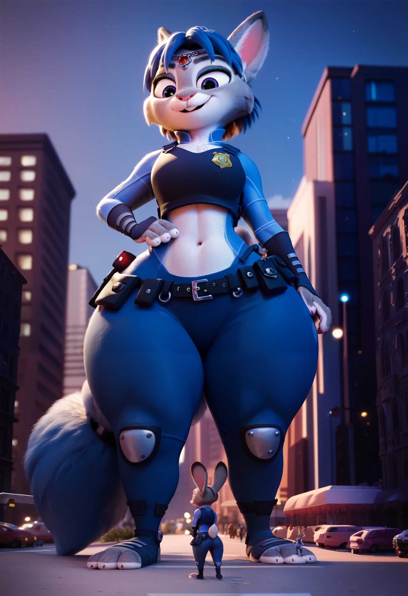 uploaded on e621, nsfw, raw photo, anthro, detailed face, detailed fur, snout, judy hopps, (black ((halfway zipped)) jumpsuit), holster, belt, night rooftop background, shadows, dark, tight bodysuit, tatical gear, ((looking away)), (serious face), big breasts, black gloves, knee high boots, thick, hide hips, thick thighs, (cleavage), nipple outline
