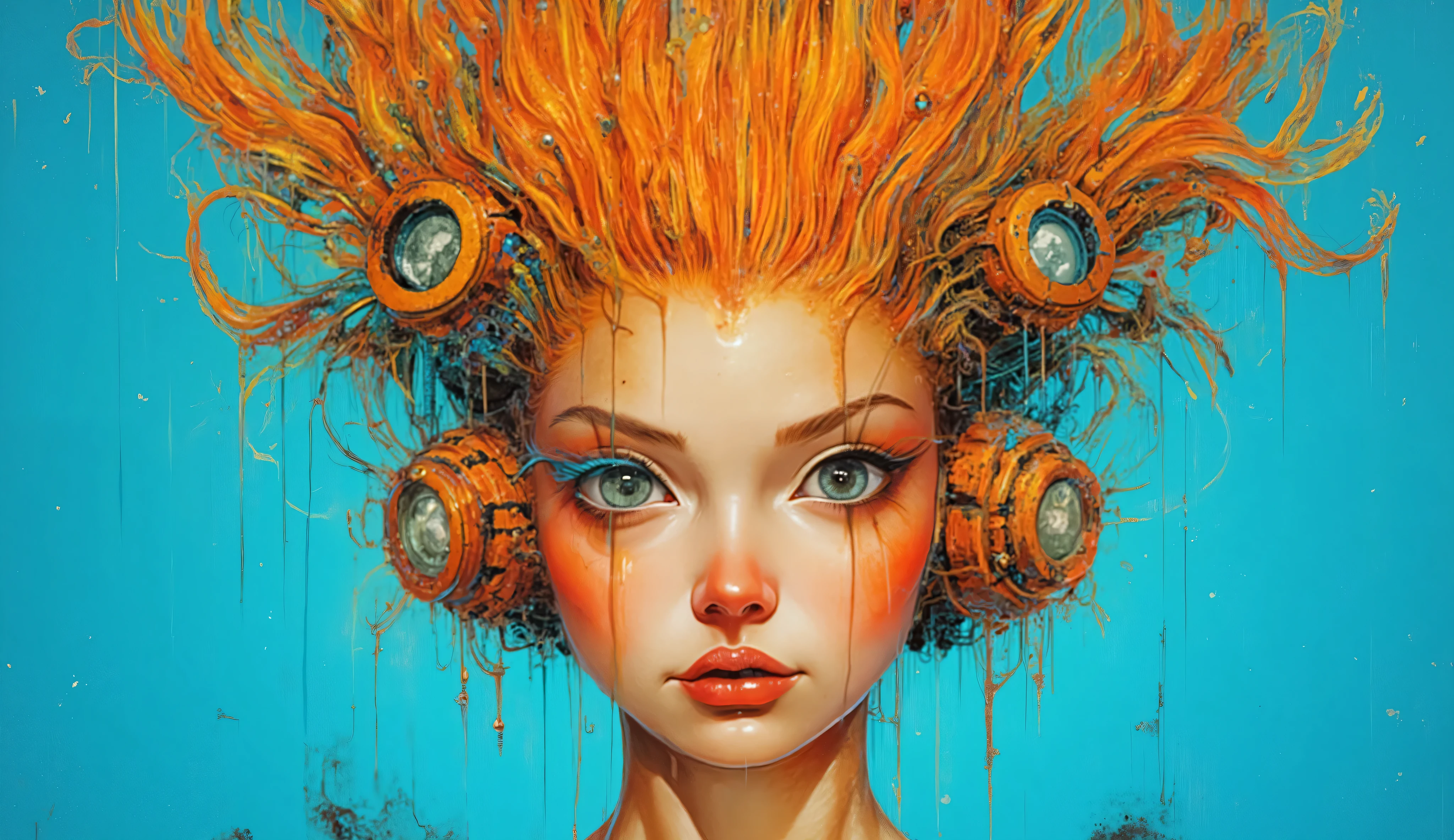  a striking portrait of a woman with a unique and imaginative design. Her hair is vibrantly orange, styled in a way that incorporates circular, mechanical elements resembling gears or technology. The background contrasts with a bright blue, enhancing the warm tones of her hair and skin. She has large, expressive eyes with well-defined makeup, giving her a futuristic and artistic appearance. The overall composition blends elements of realism and abstract art, creating an intriguing visual experience.