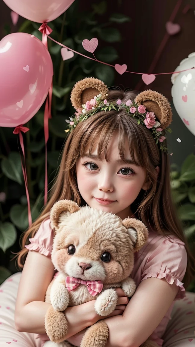 Create a cute and funny Valentine's Day scene featuring two adorable cartoon animals, a bear and a rabbit, holding heart-shaped balloons. The bear is wearing a little red bow tie, and the rabbit has a tiny flower crown. They are surrounded by pastel-colored hearts, flowers, and confetti. The background is a soft pink with a few fluffy clouds. The animals have big, expressive eyes, and their cheeks are blushing. The overall mood of the image should be lighthearted, playful, and full of love.