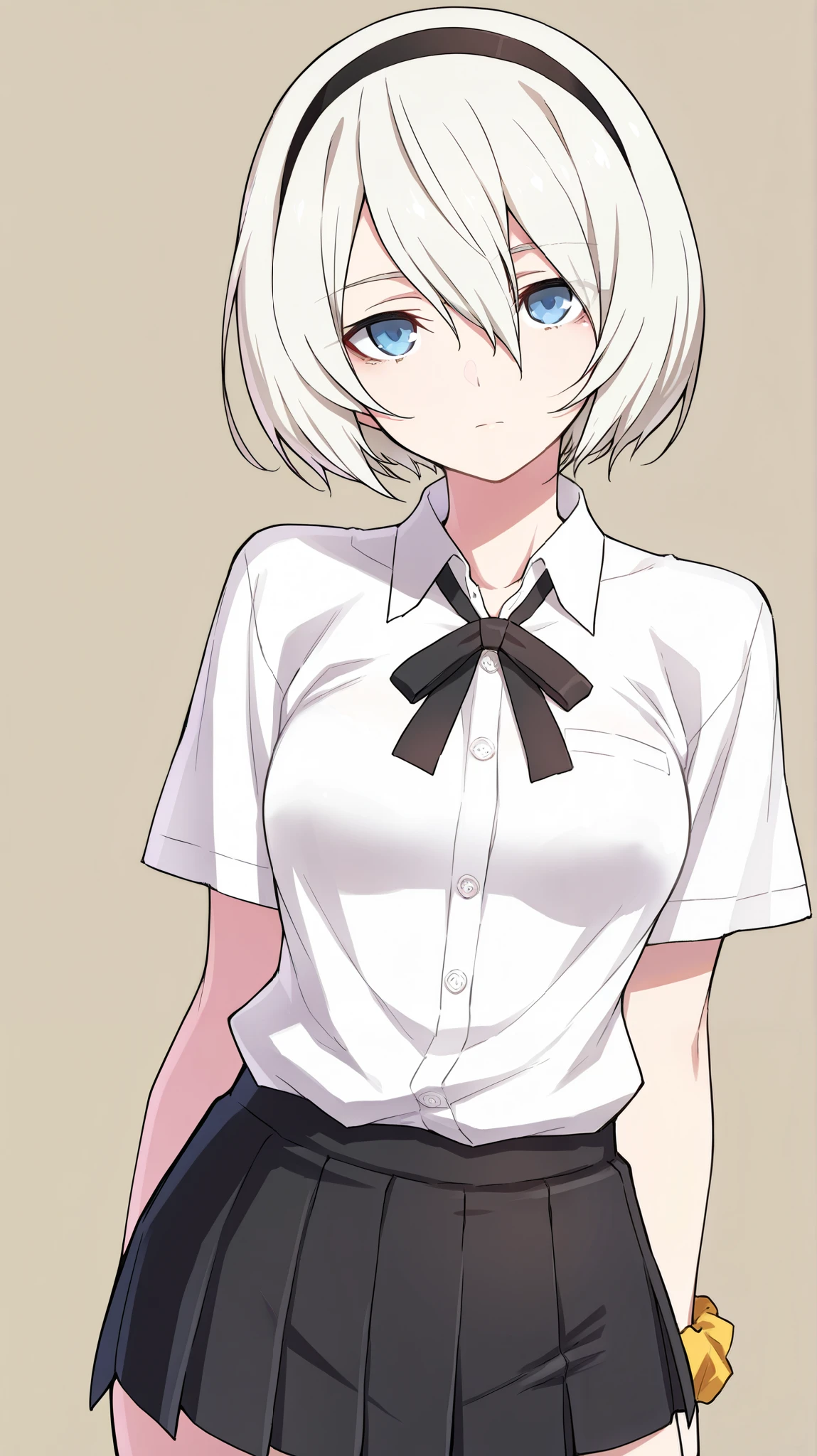 ultra-detailed, (best quality, masterpiece, ultra detailed, ultra high res, absurdres, high-resolution, highest quality, very aesthetic, textile shading, offcial art), (detailed eyes), (detailed face), nsfw, uncensored, (nasuno /(nasuno42/):0.7), simple background, , looking at viewer, (yorha no. 2 type b), (nier:automata), expressionless, , blue eyes, black skirt, collared shirt, dress shirt, miniskirt, pleated skirt, scrunchie, shirt, skirt, three-quarter sleeves, white shirt, wrist scrunchie