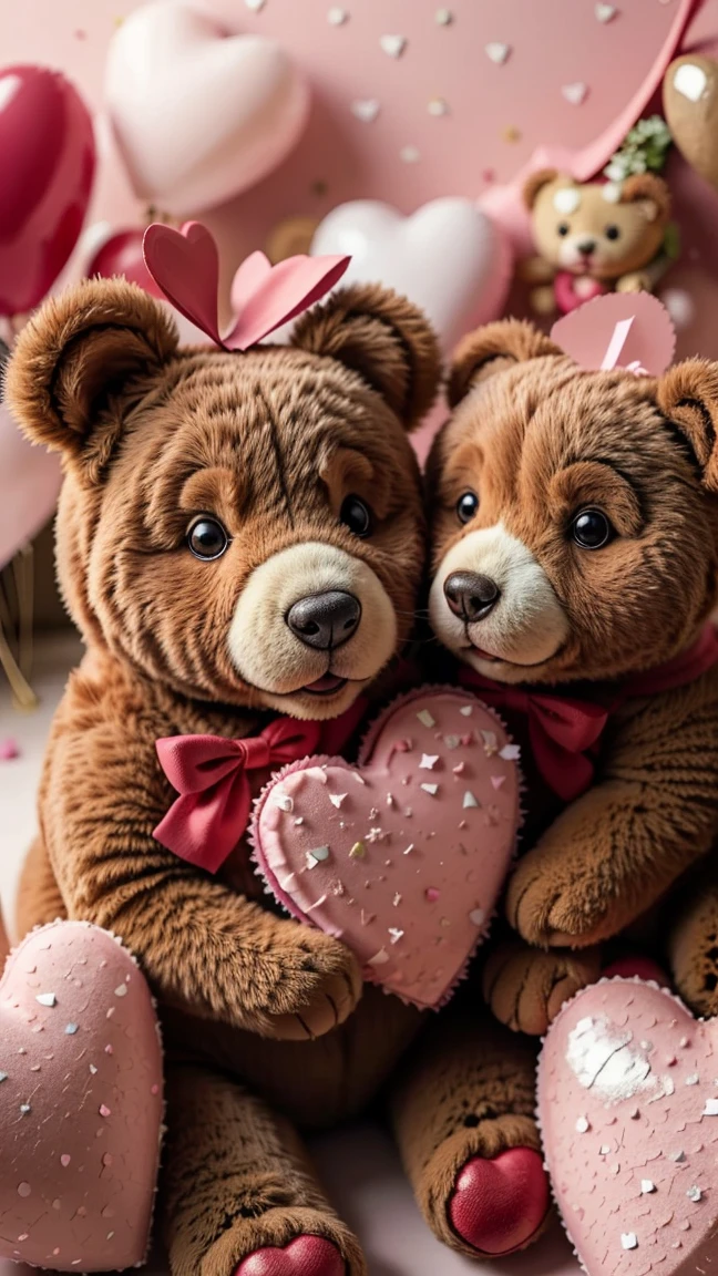 Create a cute and funny Valentine's Day scene featuring two adorable cartoon animals, a bear and a rabbit, holding heart-shaped balloons. The bear is wearing a little red bow tie, and the rabbit has a tiny flower crown. They are surrounded by pastel-colored hearts, flowers, and confetti. The background is a soft pink with a few fluffy clouds. The animals have big, expressive eyes, and their cheeks are blushing. The overall mood of the image should be lighthearted, playful, and full of love.