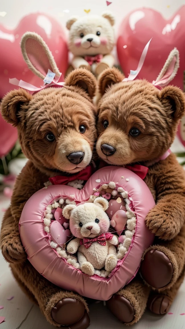 Create a cute and funny Valentine's Day scene featuring two adorable cartoon animals, a bear and a rabbit, holding heart-shaped balloons. The bear is wearing a little red bow tie, and the rabbit has a tiny flower crown. They are surrounded by pastel-colored hearts, flowers, and confetti. The background is a soft pink with a few fluffy clouds. The animals have big, expressive eyes, and their cheeks are blushing. The overall mood of the image should be lighthearted, playful, and full of love.