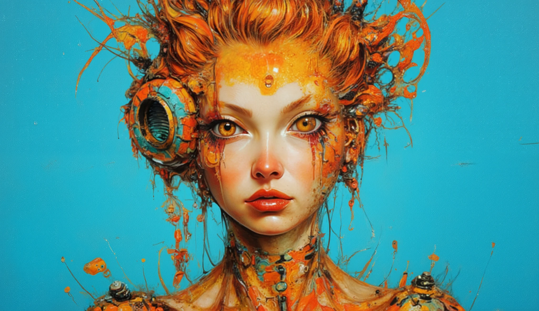  a striking portrait of a woman with a unique and imaginative design. Her hair is vibrantly orange, styled in a way that incorporates circular, mechanical elements resembling gears or technology. The background contrasts with a bright blue, enhancing the warm tones of her hair and skin. She has large, expressive eyes with well-defined makeup, giving her a futuristic and artistic appearance. The overall composition blends elements of realism and abstract art, creating an intriguing visual experience.