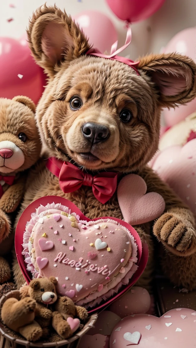 Create a cute and funny Valentine's Day scene featuring two adorable cartoon animals, a bear and a rabbit, holding heart-shaped balloons. The bear is wearing a little red bow tie, and the rabbit has a tiny flower crown. They are surrounded by pastel-colored hearts, flowers, and confetti. The background is a soft pink with a few fluffy clouds. The animals have big, expressive eyes, and their cheeks are blushing. The overall mood of the image should be lighthearted, playful, and full of love.