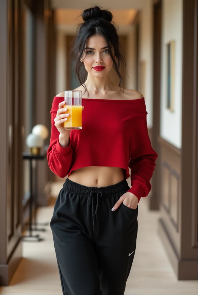 arafed woman with a red tank top and a necklace, sharing a drink with friends, sexy girl with green eyes, portrait sophie mudd, brown hair and large eyes, bedroom eyes, violet myers, without makeup, natural makeup, looking directly at the camera, face with artgram, subtle makeup, stunning full body shot, piercing green eyes, beautiful angle, attractive pose, cute girl, sexy pose, full body picture, full body, full body shoot, brunette goddess, high detail, satisfied pose, wearing grey green and boots, skirt, boots