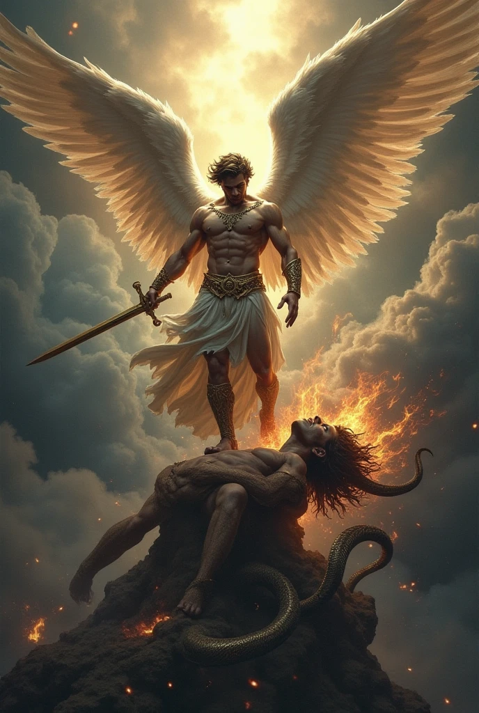 the male warrior angel and the devil in celestial conflict over Moses' body, illustrating the intense spiritual dispute.