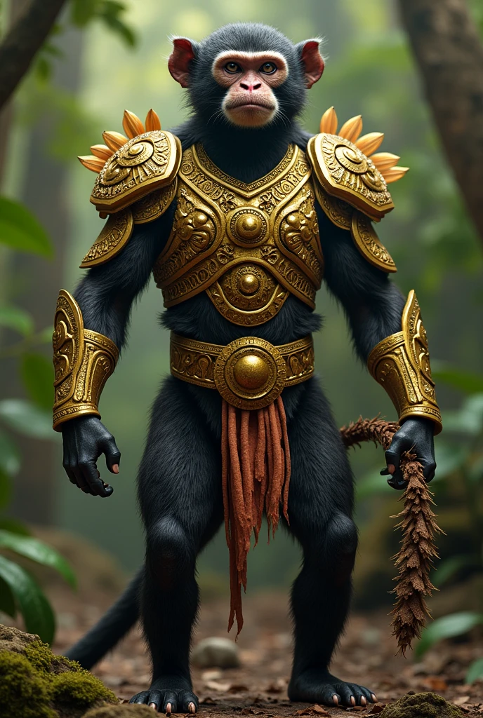 a cinematic picture of the blind warrior from the ghost cave, Don Lawrence style with a loyal monkey sidekick, holding a wooden staff, long hair, and wearing a scaly snake-like costume