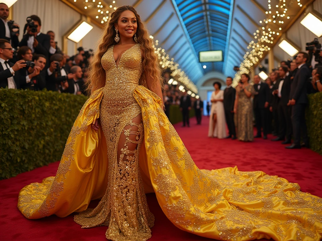 Linda garota "beyonce", vestidos eda longo Amarelo ouro, de corpo inteiro, jardim de flores de rosa delicado e lindo, in a medieval setting, chovendo e raios.