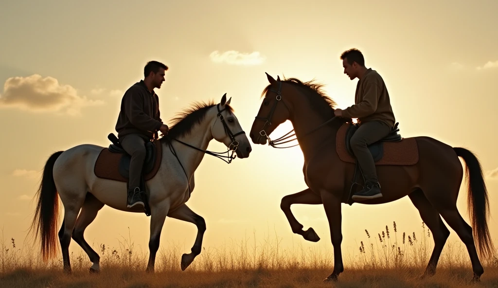 Two handsome young men, both with beautiful faces, white skin, and soft skin, lean and shirtless, with short black hair, riding horses together.