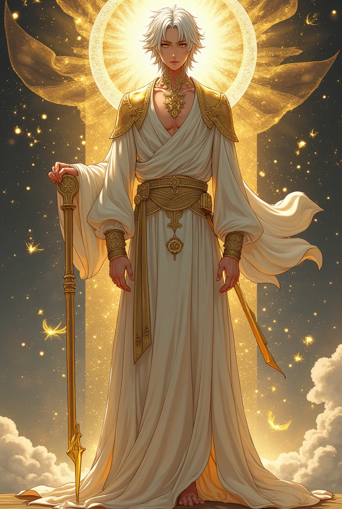 *A hyper-detailed and highly realistic scene set in the fifth dimension. The artwork features a wise fractal being with a perfect and beautiful face, radiating light. The being is muscular and sensual, wrapped in a flowing white cloak symbolizing purity and wisdom. he holds a shining staff, representing ancient knowledge and power. The close-up and photographic view highlights its facial features and the intricate patterns on the mantle.. The background is filled with soft and luminous fractal patterns, creating a serene atmosphere with a warm and welcoming light that transmits peace, spiritual ascension and elevation. The image is 4K quality, capturing every detail in a realistic and artistic way.*