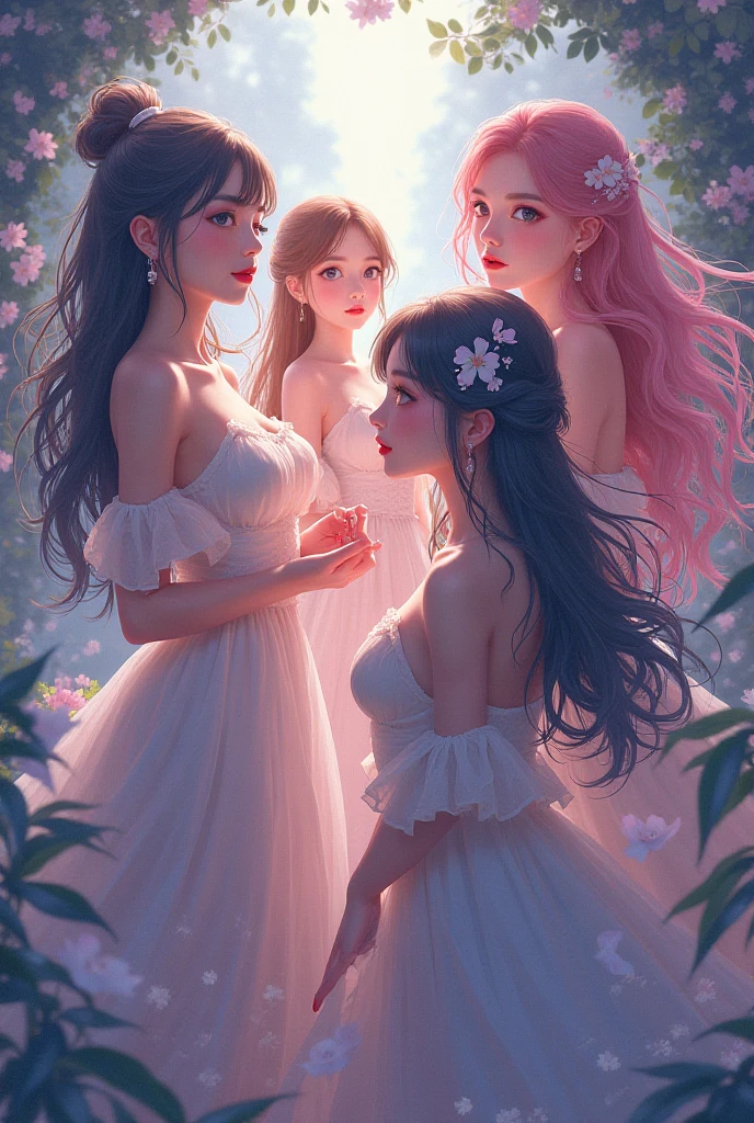 Anime art style, breathtaking masterpiece featuring a group of ethereal women, each radiating warmth and charm, rich auburn and golden hair cascading like waterfalls, expressive large eyes shimmering with vibrant colors, intricate accessories reflecting the characters' personalities, various elegant outfits adorned with nuanced patterns and soft textures, delicate poses showcasing individuality and grace, dynamic composition drawing the viewer's eye around the scene, surrounded by a lush, animated landscape filled with blooming cherry blossoms and rays of golden sunlight filtering through the trees, emotion-filled atmosphere enriched with gentle breezes, light softening resolute features, serene smiles that capture the essence of joy and harmony, anime-inspired character design emphasizing fluidity and movement, every detail masterfully crafted with high contrast tones, vibrant warm color palette of radiant pinks, oranges, and yellows, infusing the scene with life and energy, skillful brushwork emulating hand-drawn animation techniques, layered backgrounds enhancing depth while keeping focus on the enchanting characters, elongated proportions and meticulous expressions typical of classic anime artistry which fully engage viewers, an inviting realm where fantasy and reality seamlessly intertwine