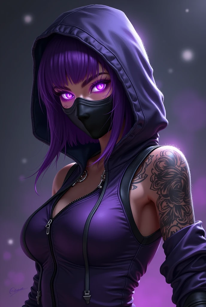 (masterpiece:1.37), best quality, (extremely detailed:1.37), woman, (very long hair:1.5), dark purple hair, purple eyes, (extremely detailed eyes:1.37), large breasts, hoodie, jeans, open fly, cleavage, navel, futuristic, neon lighting, high-tech