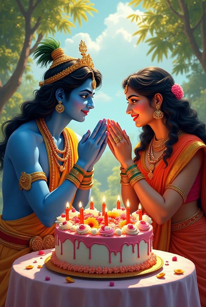 Generate A Image Where Lord Krishna Feeding Cake To His Father On Her Birthday 