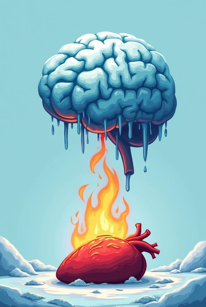 Cartoon characters The frozen brain stands above the heart lying on the ...