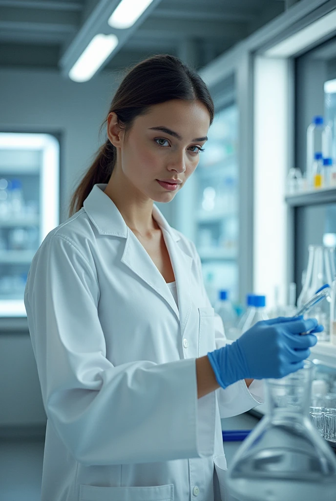 masterpiece, high quality image, 8k, realistic image, In the laboratory, there is a beautiful scientish with medium brown hair, doing experiments 