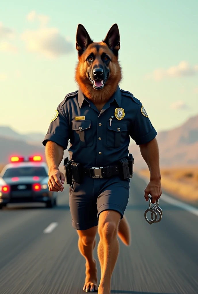 Create a strong dog dressed as a cop walking down the highway with handcuffs in his hands and behind the police car