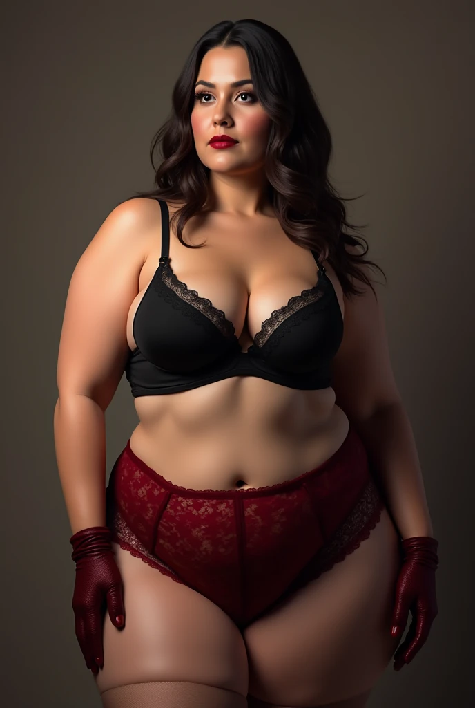 Hyperrealistic Latin woman with short black curly hair, 29 years old, with red lace thong underwear, curvy size 