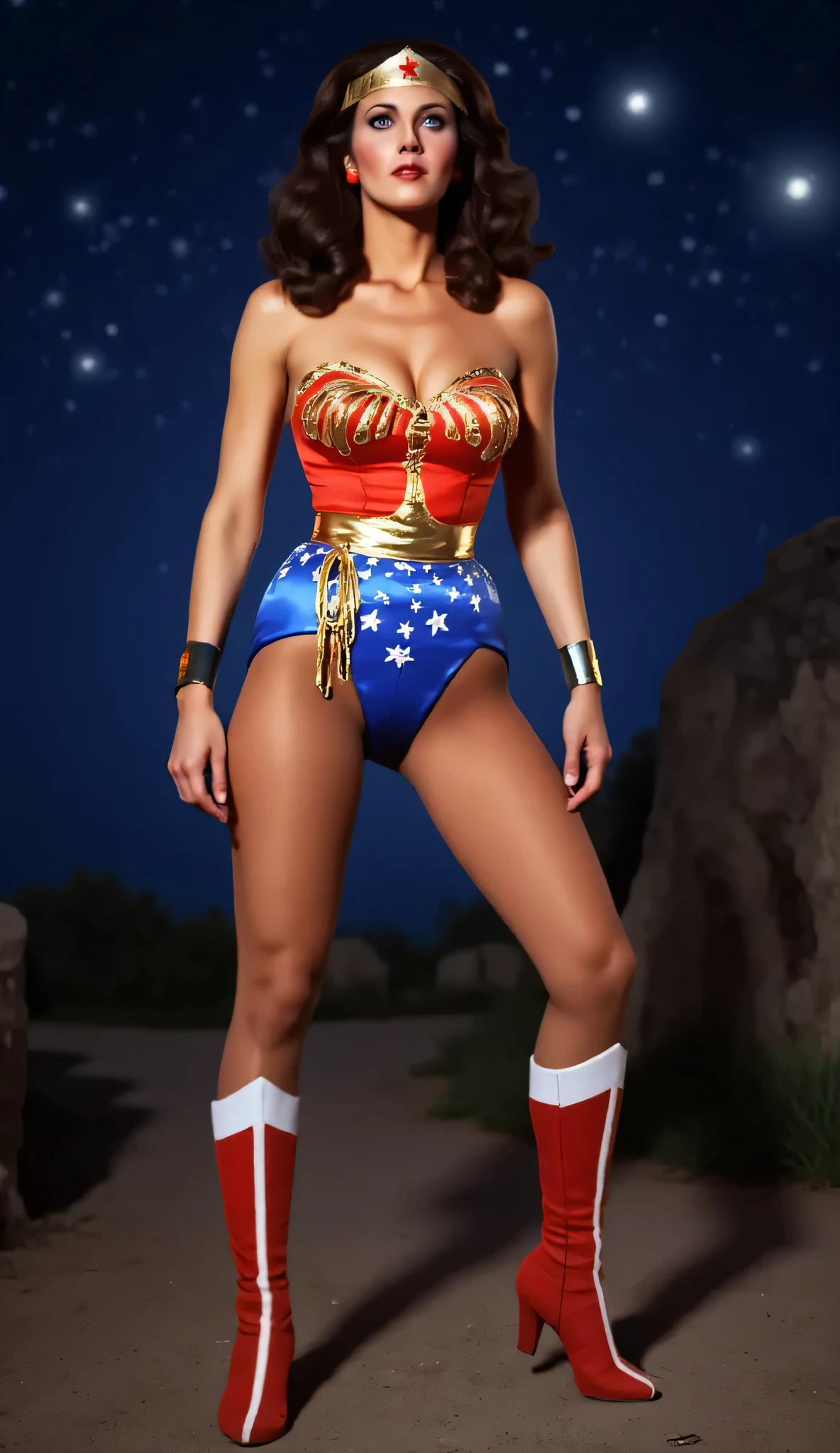 LINDA CARTER IN THE ROLE OF A WONDER WOMAN. sexy pose, night, 4K 8K, full body shot, red boots