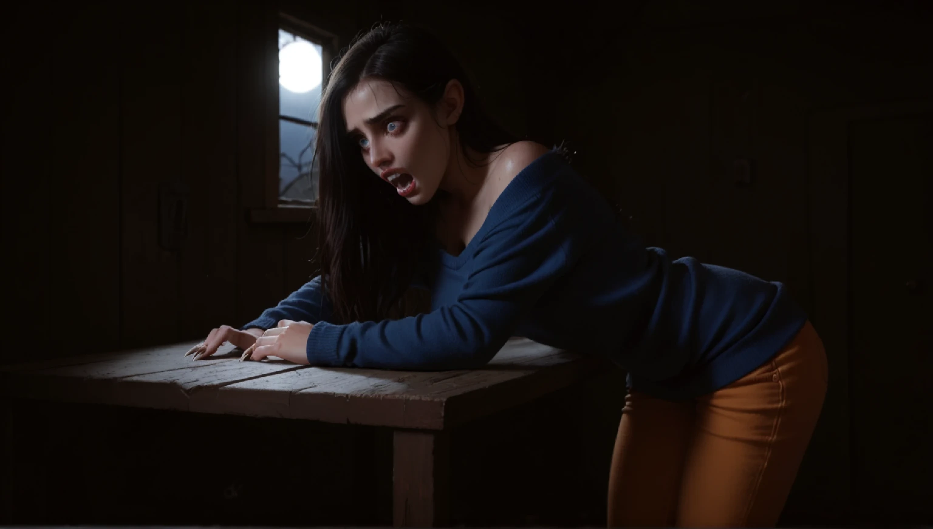 Looking down, on table, against table, transformation into werewolf, snout, sharp ears, white long nails, female, beautiful face, human, fangs, dark hair, tight clothes, blue sweater, pale orange pants, swearing, in pain, surprised, hard breath, screaming, abandoned cabin, trash around, broken stuff, in corner, window, sharp focus, ((deep night, darkness, dramatic moonlight)), (Raw, masterpiece, fantasy, deep shades, ultra detailed)