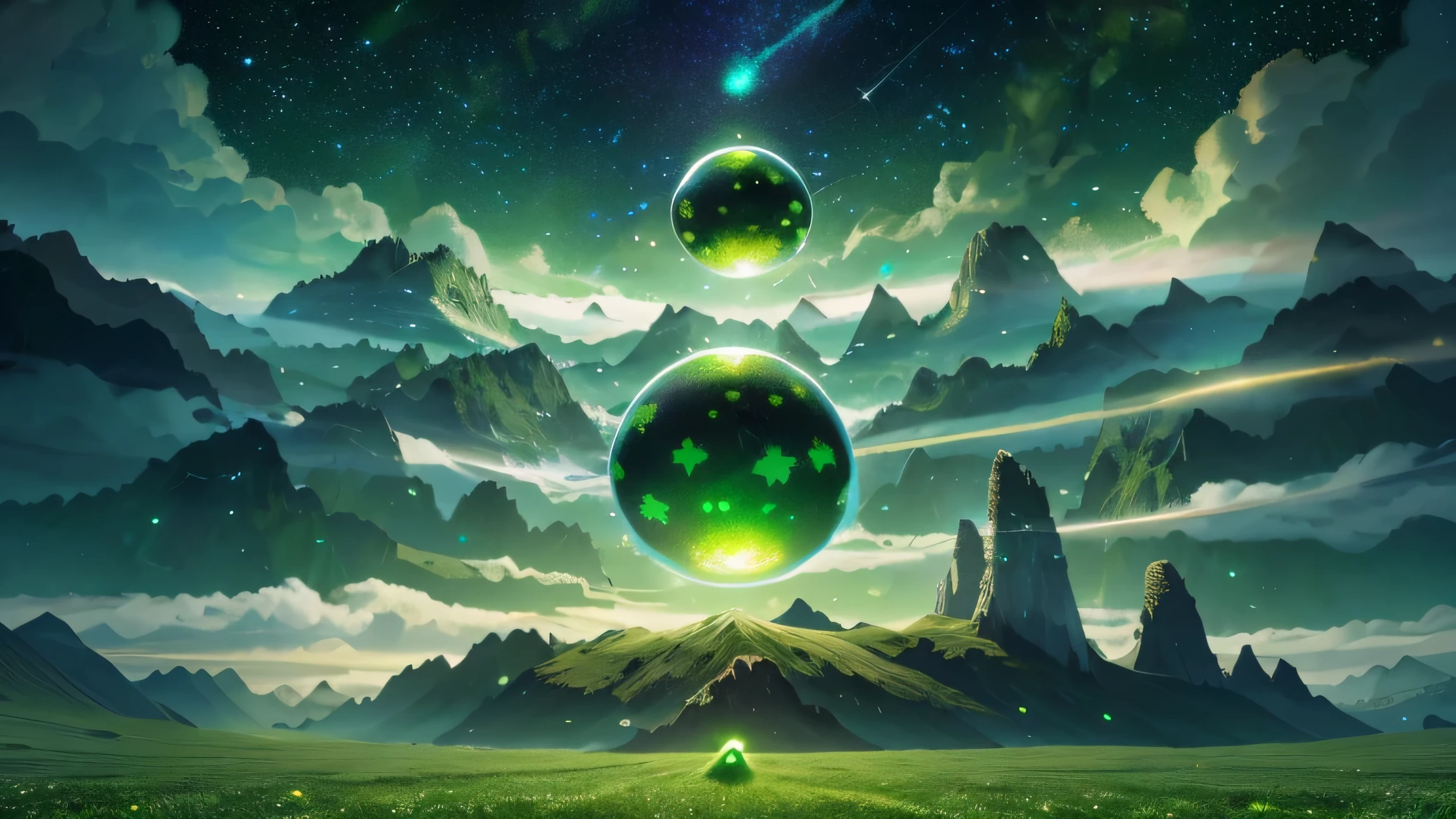 a giant mirror ball floating in space , Twinkling lights, A sad hamster gets lost ( a heavenly green field surrounded by mountains and clouds:1.3), Particles in the air , Divine Light, background , Complex Fractals , detailed, (illustration), masterpiece, high res , Best Quality .