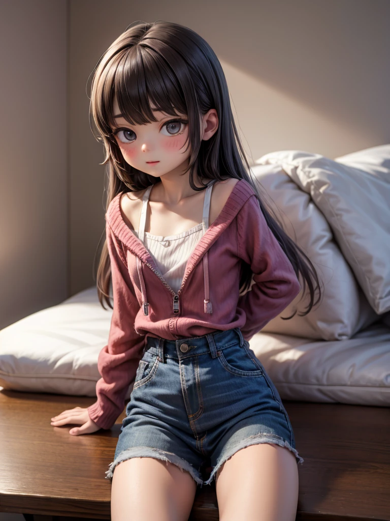 photorealistic, realistic photo, ((highest quality)), ((masterpiece)), ((extremely detailed)), kukolnydom, doll, (mature woman, 22yo, 22 years old:1.6), solo, ((cowboy shot, sitting on sofa, reclining on sofa, arms by sides)), green eyes, open mouth, (brown hair, looking above, blank eyes, empty eyes, detailed eyes, detailed face:1.3), tank top, hot pants, choker, room, 8k